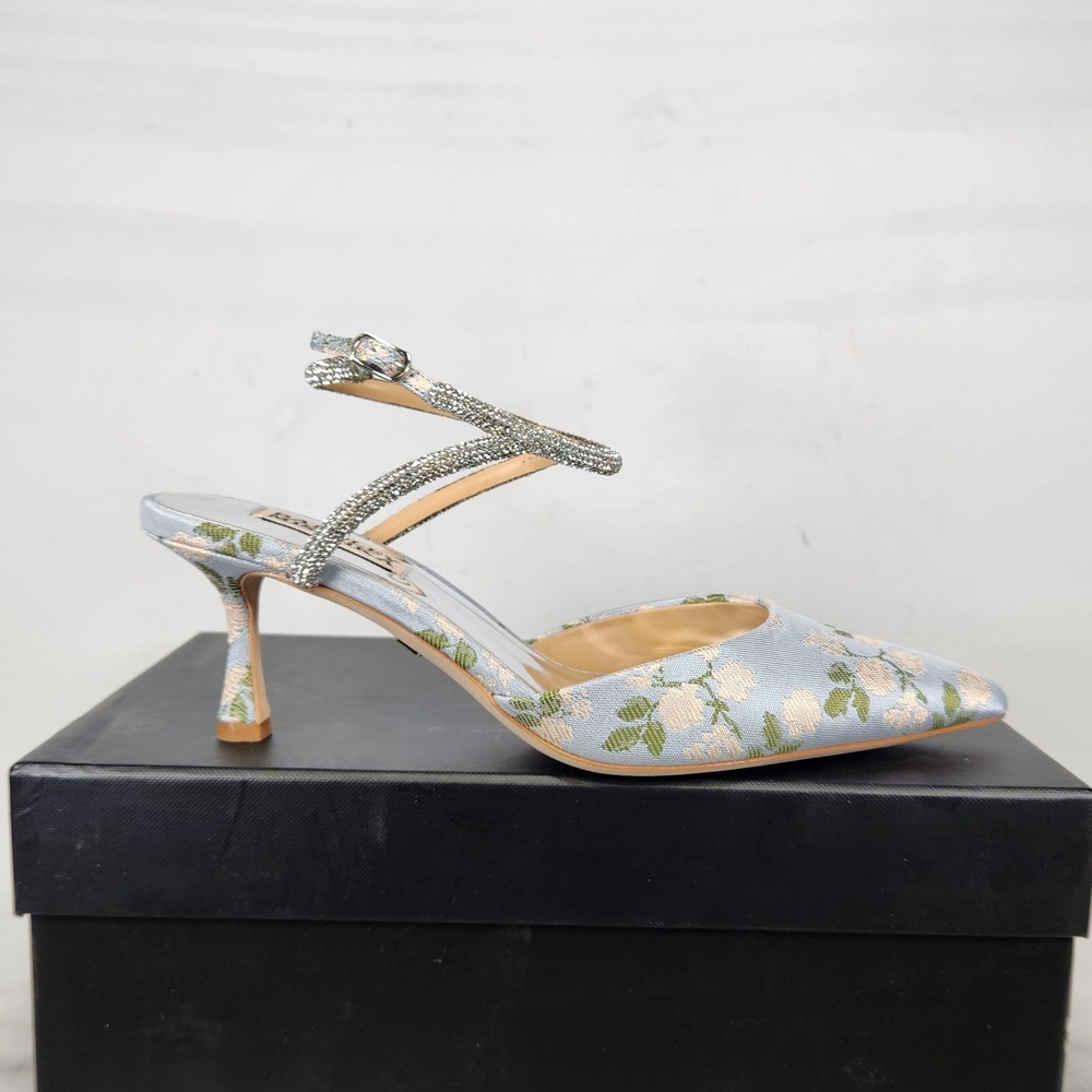 Badgley Mischka Autumn Pump Women Size 6.5 Blue Motif Floral Crystal Ankle Strap